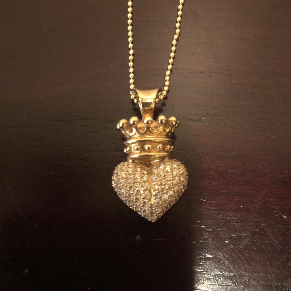 King Baby 18K 3D Crowned Heart Pendant w/ Diamonds